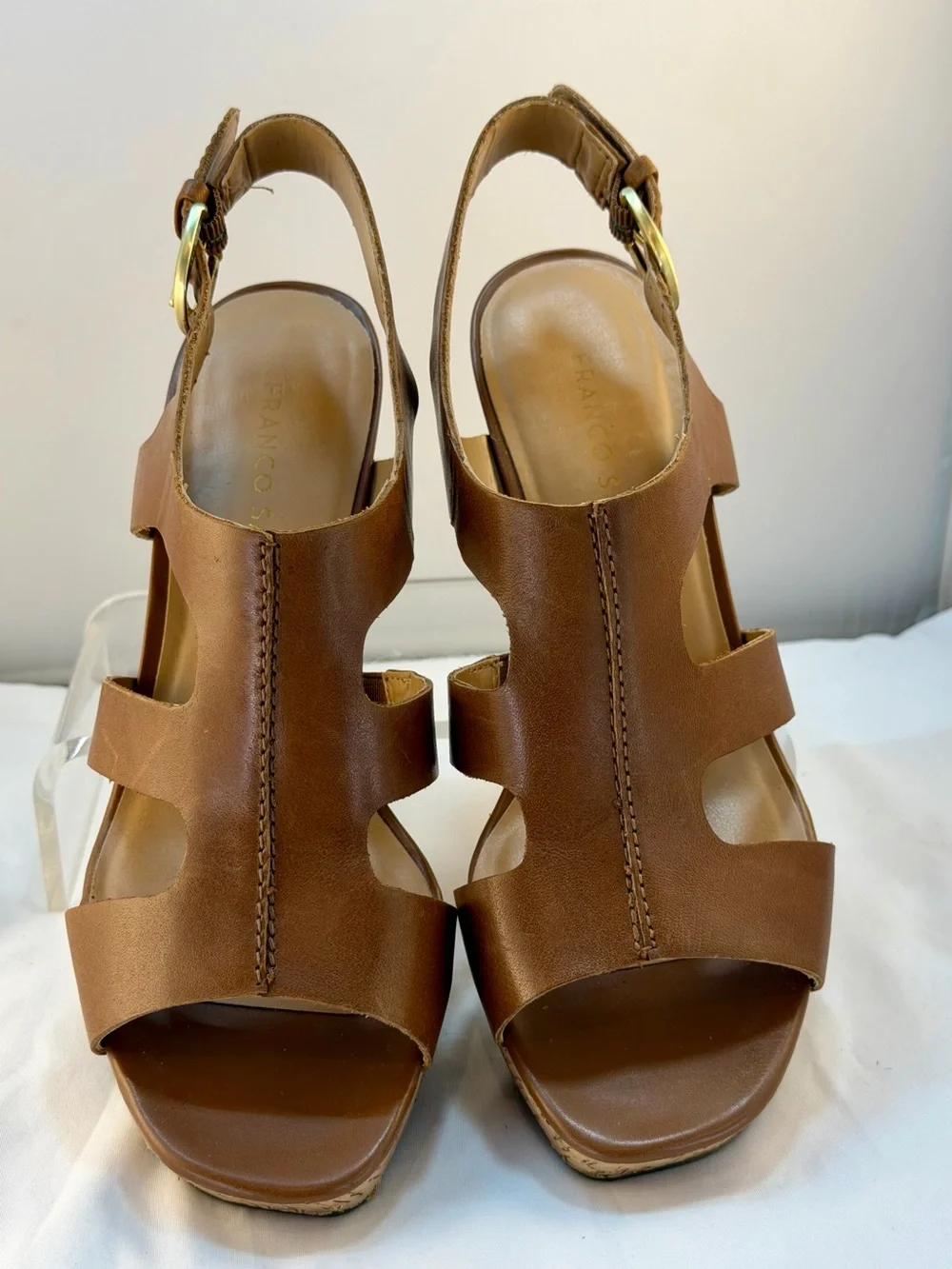 Franco Sarto Collette Brown Leather Cork Wedge Sandals